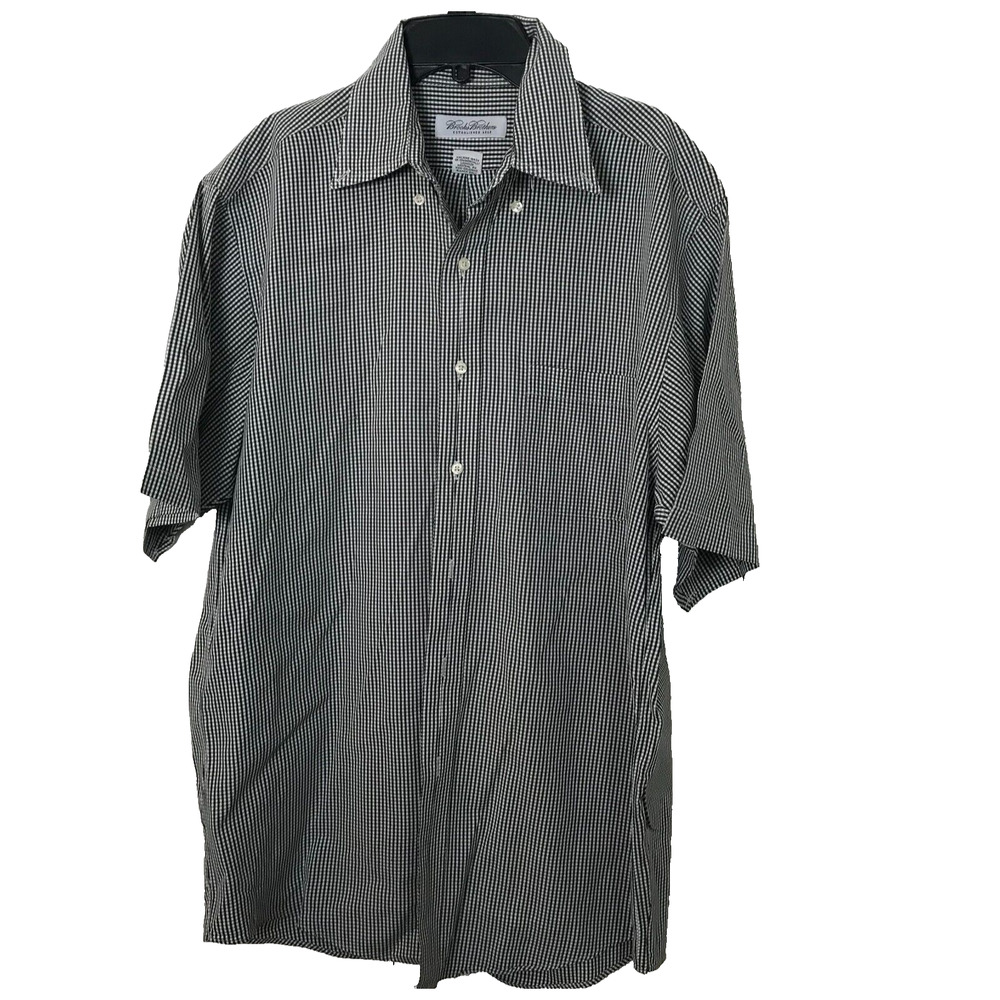 𝅺Brooks Brothers Men Shirt Button Up Short Sleeve Black White 15.5 34/35 Cotton